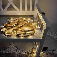 Lade das Bild in den Galerie-Viewer, LED Hanfseil 10m mit Solarzelle, 100 LEDs, warmweiß 3000K, 6-8h Leuchtdauer, Schutzart IP44, Ein/Aus/Blinken-Schalter