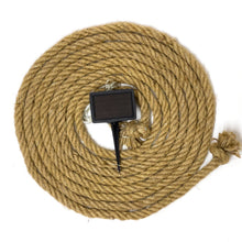 Lade das Bild in den Galerie-Viewer, LED Hanfseil 10m mit Solarzelle, 100 LEDs, warmweiß 3000K, 6-8h Leuchtdauer, Schutzart IP44, Ein/Aus/Blinken-Schalter