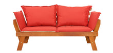 Lade das Bild in den Galerie-Viewer, Gartenbank ‘ROMA’ mit umklappbaren Armlehnen, Bicolor Kissen und Auflage, 150 cm, aus Eukalyptus FSC