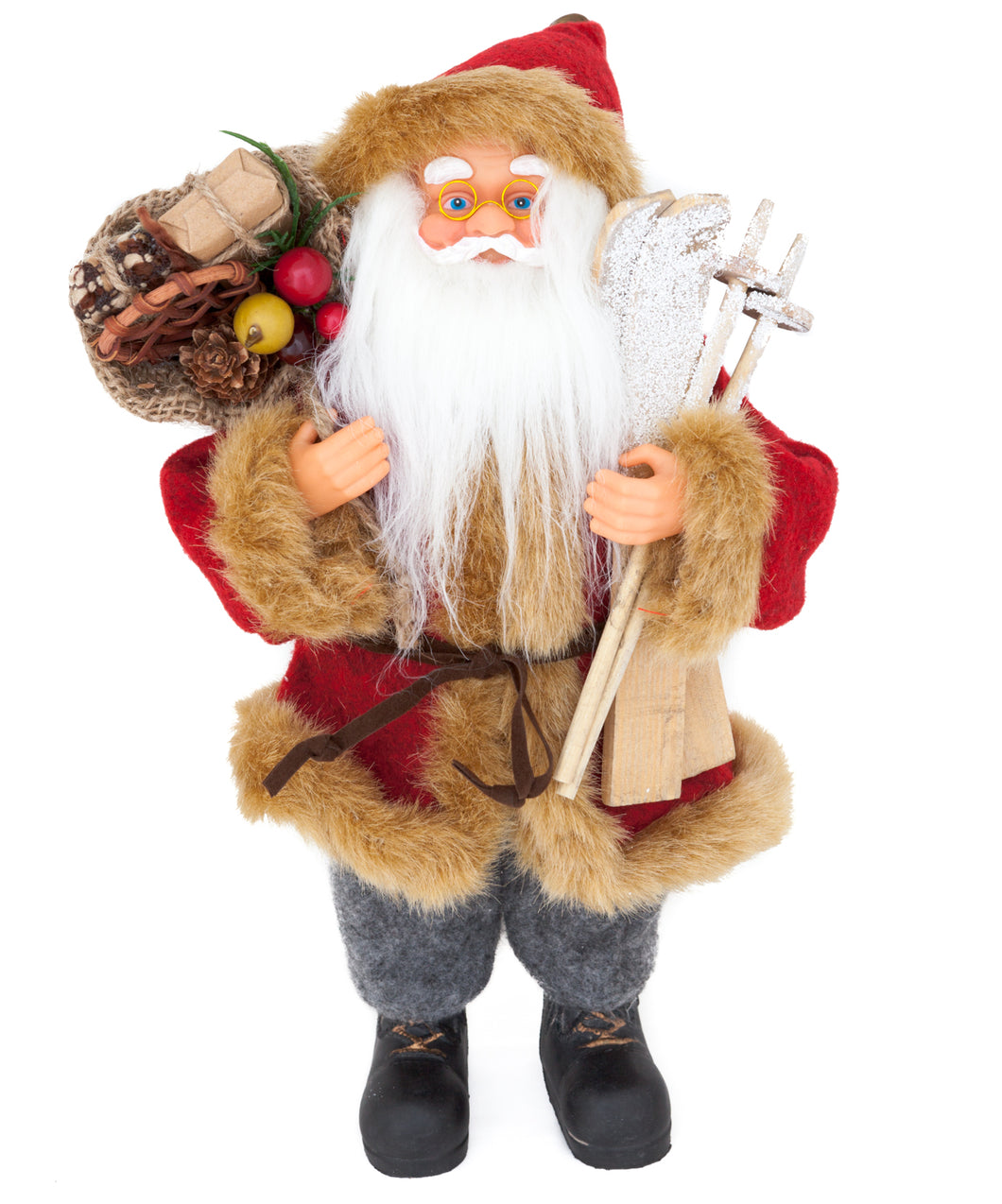 Weihnachtsmann mit Skier und Geschenkesack, 30 cm hoch, Sehr Detailliert - Perfekte Dekoration