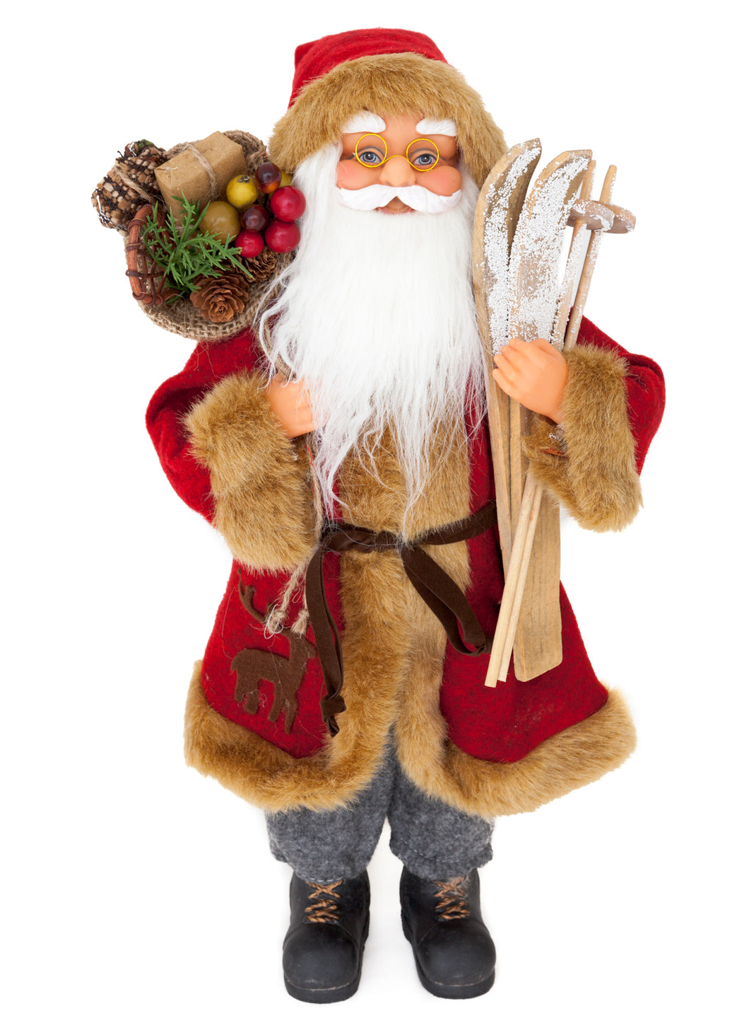 Weihnachtsmann mit Skier und Geschenkesack, 45 cm hoch, Sehr Detailliert - Perfekte Dekoration