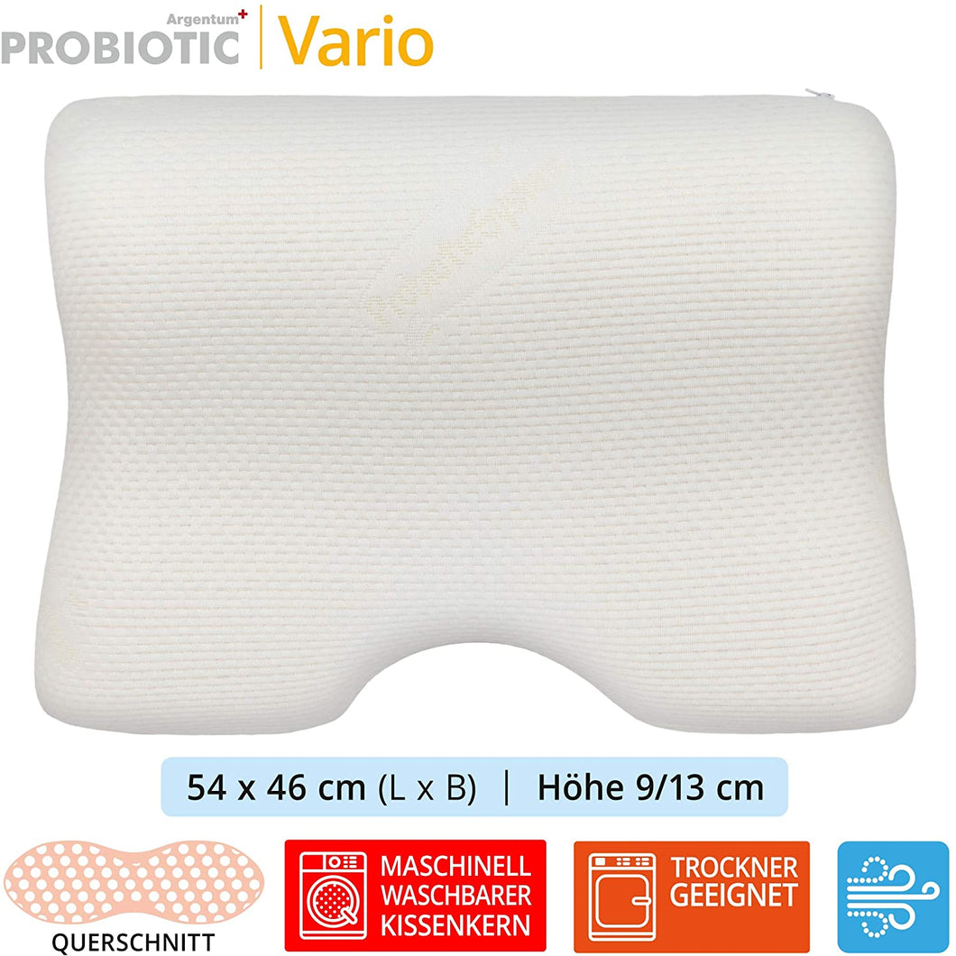 Probiotic Argentum+ VARIO  orthopädische Nackenstützkissen mit Schulteraussparung und Kopfmulde Höhe 9-13cm, 54x46cm. Maschinell Waschbar. 1 Hypoallergener Bezug GRATIS