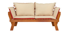 Lade das Bild in den Galerie-Viewer, Gartenbank ‘ROMA’ mit umklappbaren Armlehnen, Bicolor Kissen und Auflage, 150 cm, aus Eukalyptus FSC
